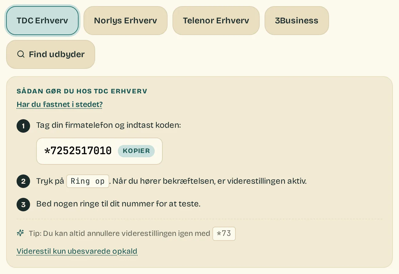 Trinnet Gå live: guiden til at viderestille hos TDC Erhverv, med koden der skal tastes på firmatelefonen, et tip om at annullere igen og linket Viderestil kun ubesvarede opkald.