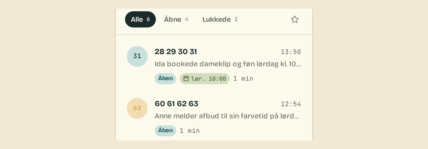 Opkaldsindbakken i Hejsa: øverst et opkald med booking-mærket lør. 10, og under det et åbent opkald, hvor en kunde melder afbud til sin farvetid.